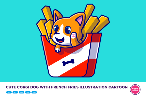 Cute Corgi Dog with French Fries Cartoon