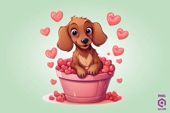 Dachshund Dog in Hearts Basket